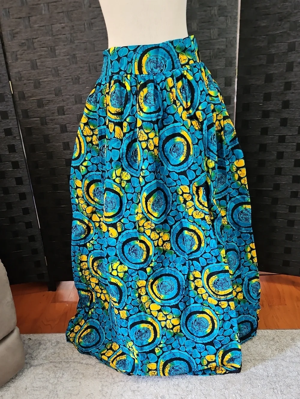 Veritable Block Prints Super Original Vibrant Blue & Yellow Patterned Maxi Skirt